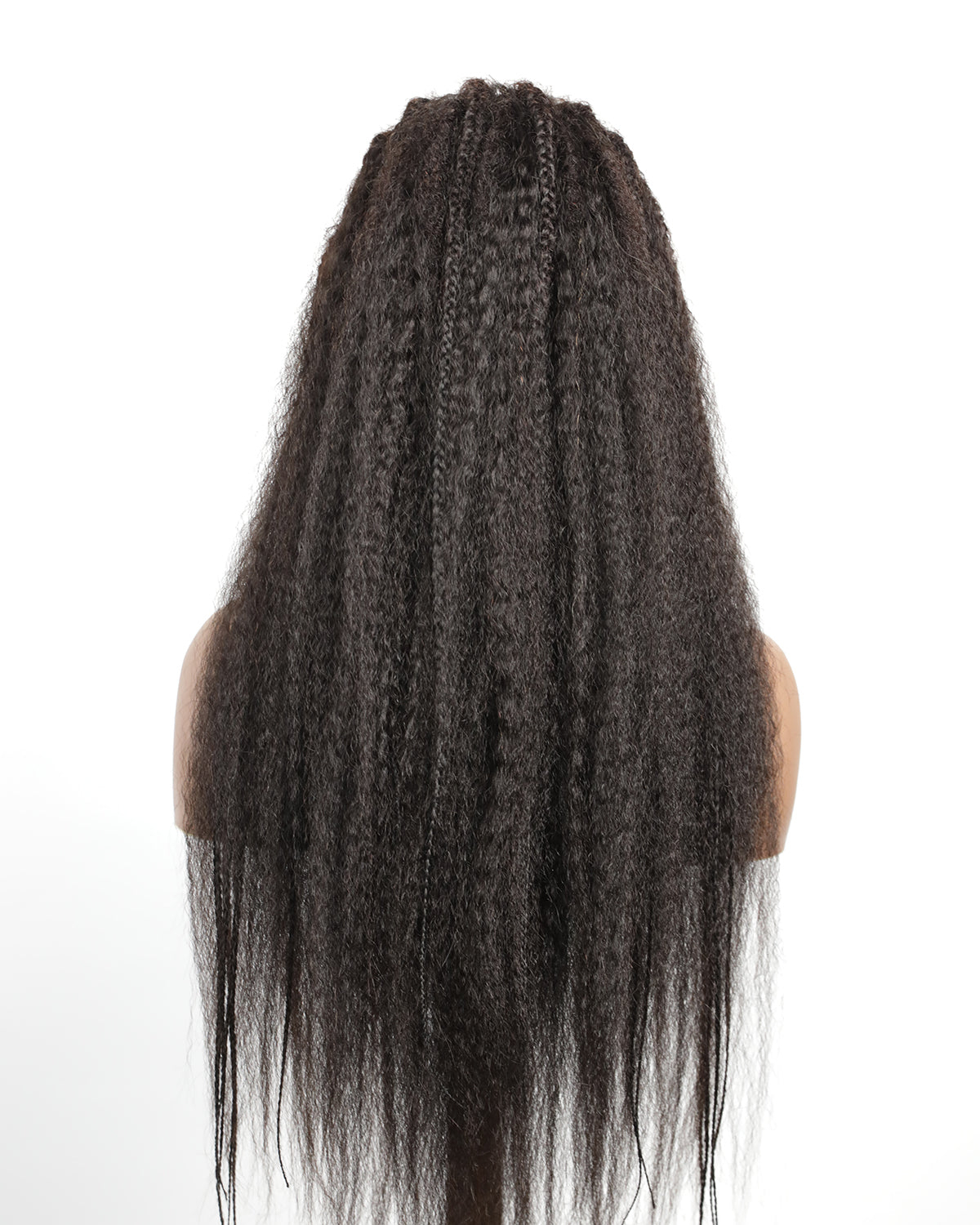 Perruque tressée de style cornrow, en cheveux humains entièrement décolorés, avec dentelle.