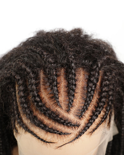 Perruque tressée de style cornrow, en cheveux humains entièrement décolorés, avec dentelle.