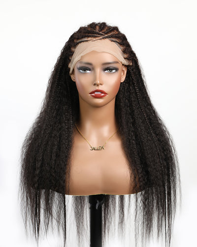 Perruque tressée de style cornrow, en cheveux humains entièrement décolorés, avec dentelle.