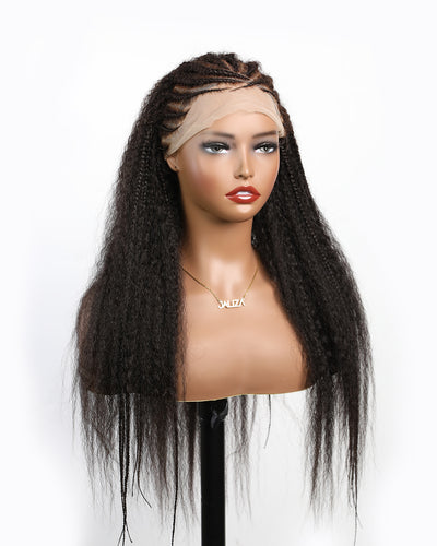Perruque tressée de style cornrow, en cheveux humains entièrement décolorés, avec dentelle.