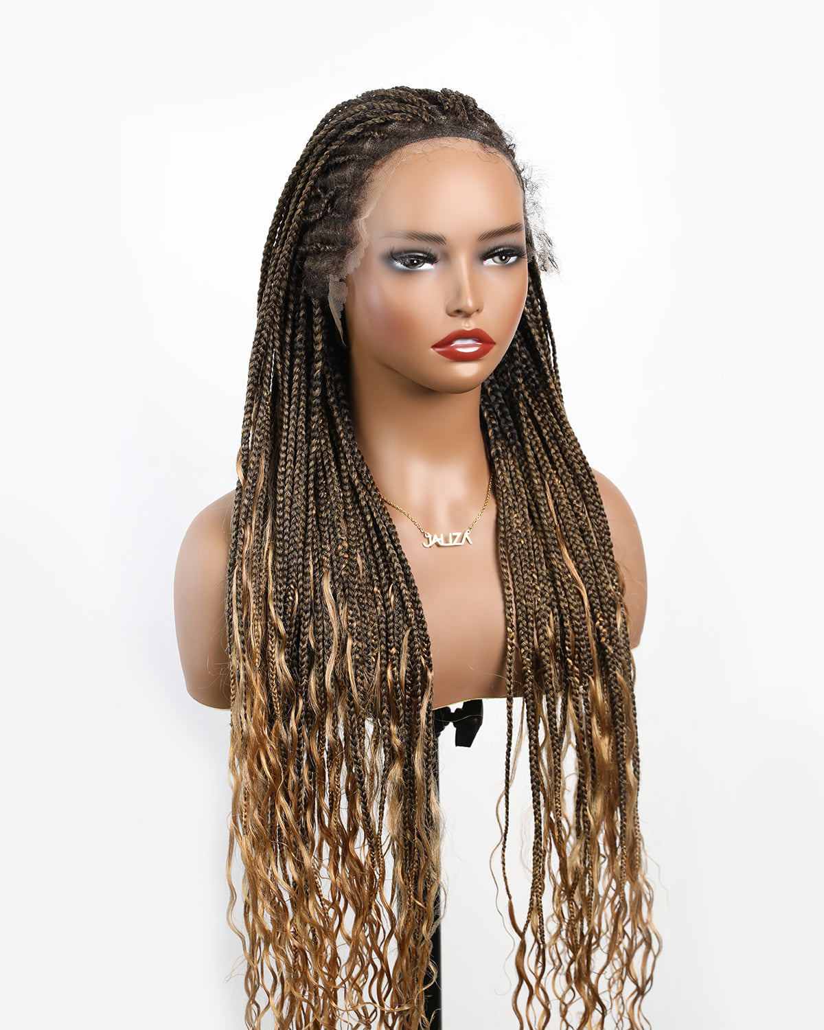 Perruque tressée sans enchevêtrement avec cheveux humains pré-décolorés, lace box braids, cornrows, et boucles bohèmes – 79 mèches