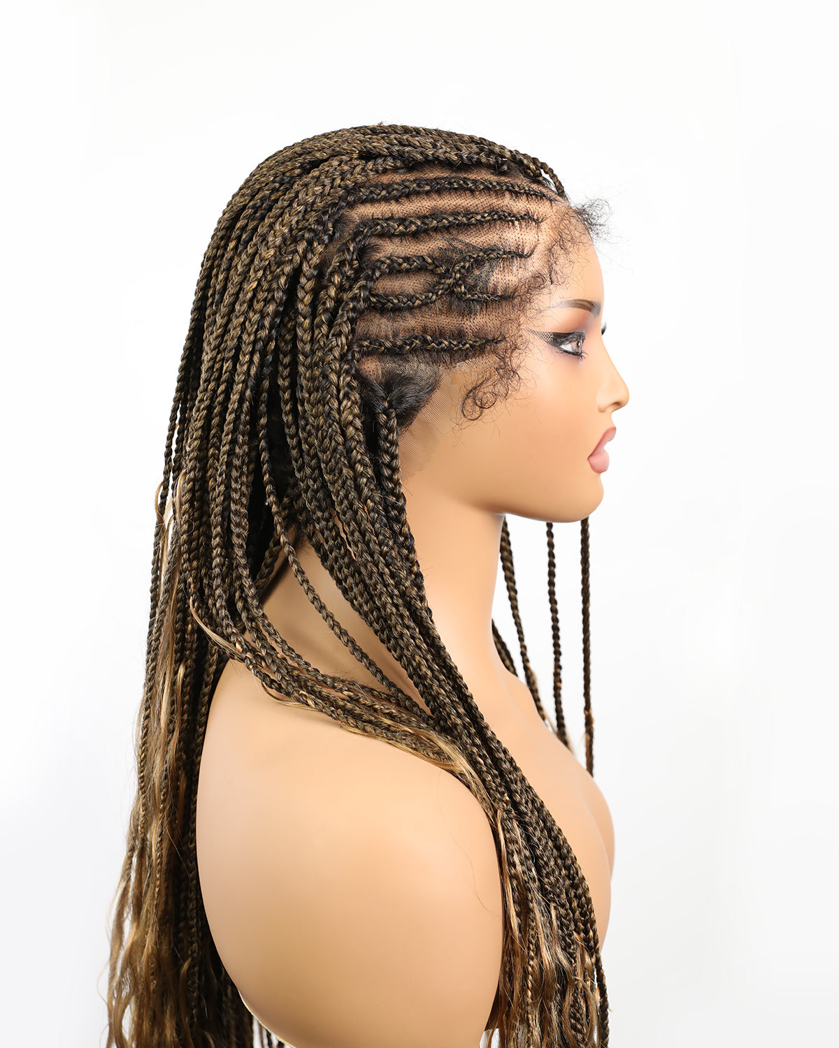 Perruque tressée sans enchevêtrement avec cheveux humains pré-décolorés, lace box braids, cornrows, et boucles bohèmes – 79 mèches
