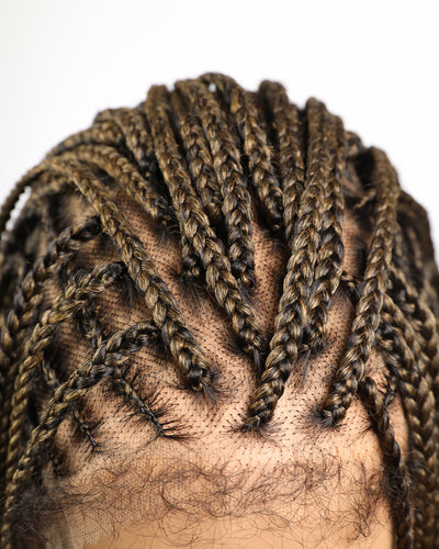 Perruque tressée sans enchevêtrement avec cheveux humains pré-décolorés, lace box braids, cornrows, et boucles bohèmes – 79 mèches