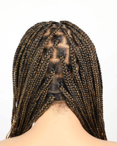 Perruque tressée sans enchevêtrement avec cheveux humains pré-décolorés, lace box braids, cornrows, et boucles bohèmes – 79 mèches