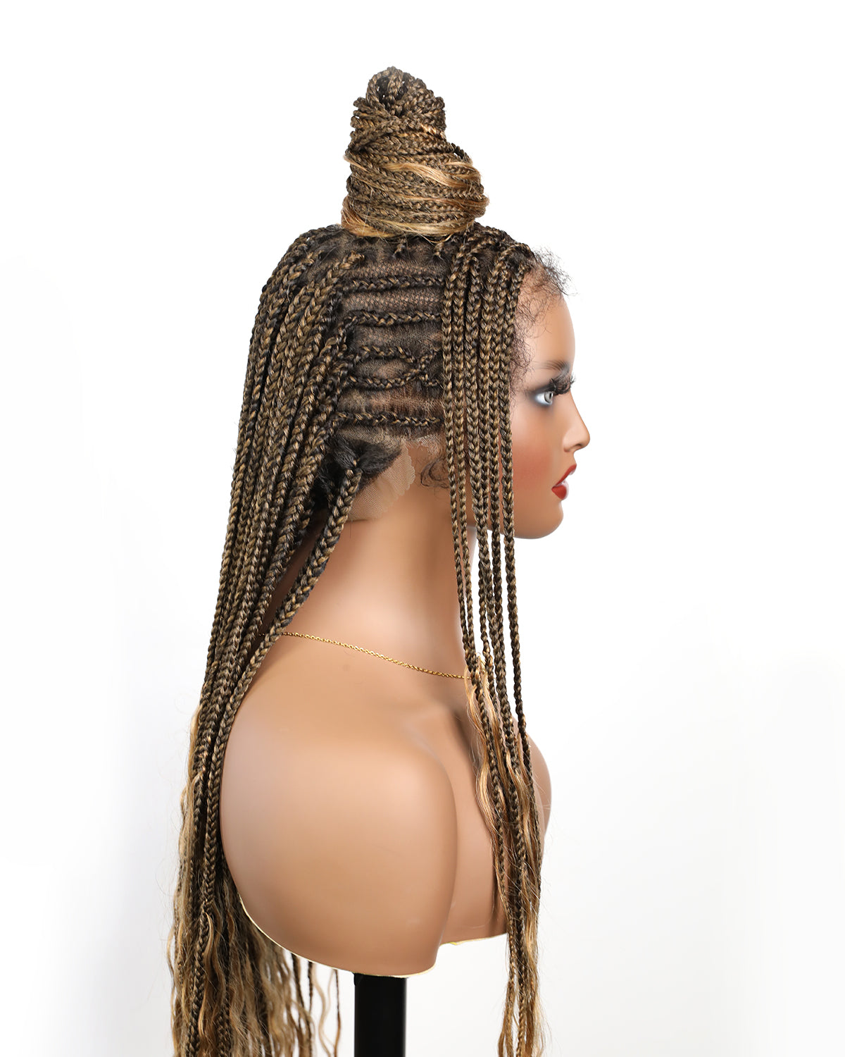 Perruque tressée sans enchevêtrement avec cheveux humains pré-décolorés, lace box braids, cornrows, et boucles bohèmes – 79 mèches