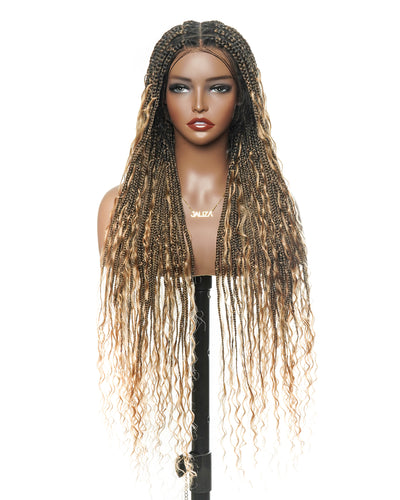 Perruque tressée boîte bohème sans nœuds, 100 % cheveux humains, boucles bohèmes, avec dentelle transparente intégrale et nouée à la main