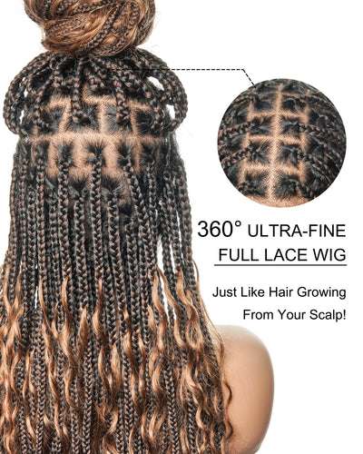 Perruque tressée boîte bohème sans nœuds, 100 % cheveux humains, boucles bohèmes, avec dentelle transparente intégrale et nouée à la main