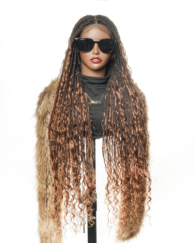 Perruque tressée boîte bohème sans nœuds, 100 % cheveux humains, boucles bohèmes, avec dentelle transparente intégrale et nouée à la main