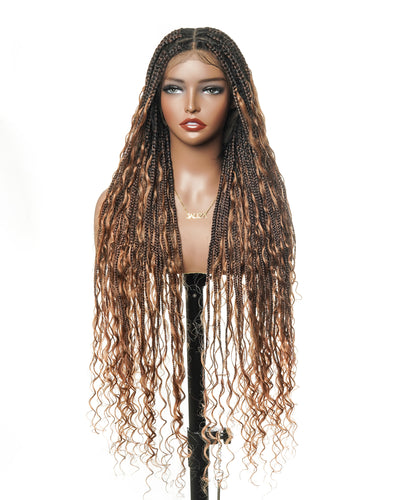 Perruque tressée boîte bohème sans nœuds, 100 % cheveux humains, boucles bohèmes, avec dentelle transparente intégrale et nouée à la main