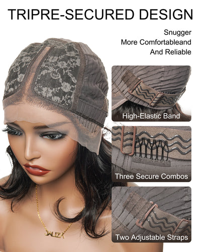JALIZA glueless HD lace wig on a mannequin, showing the cap interior with a high-elastic band, three secure combos, and two adjustable straps for a triple-secured design.