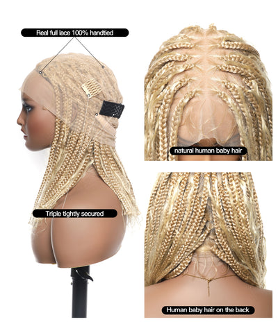 Perruque tressée sans nœuds 102 mèches, base triangulaire haute densité, boucles bohèmes, cheveux humains 14"