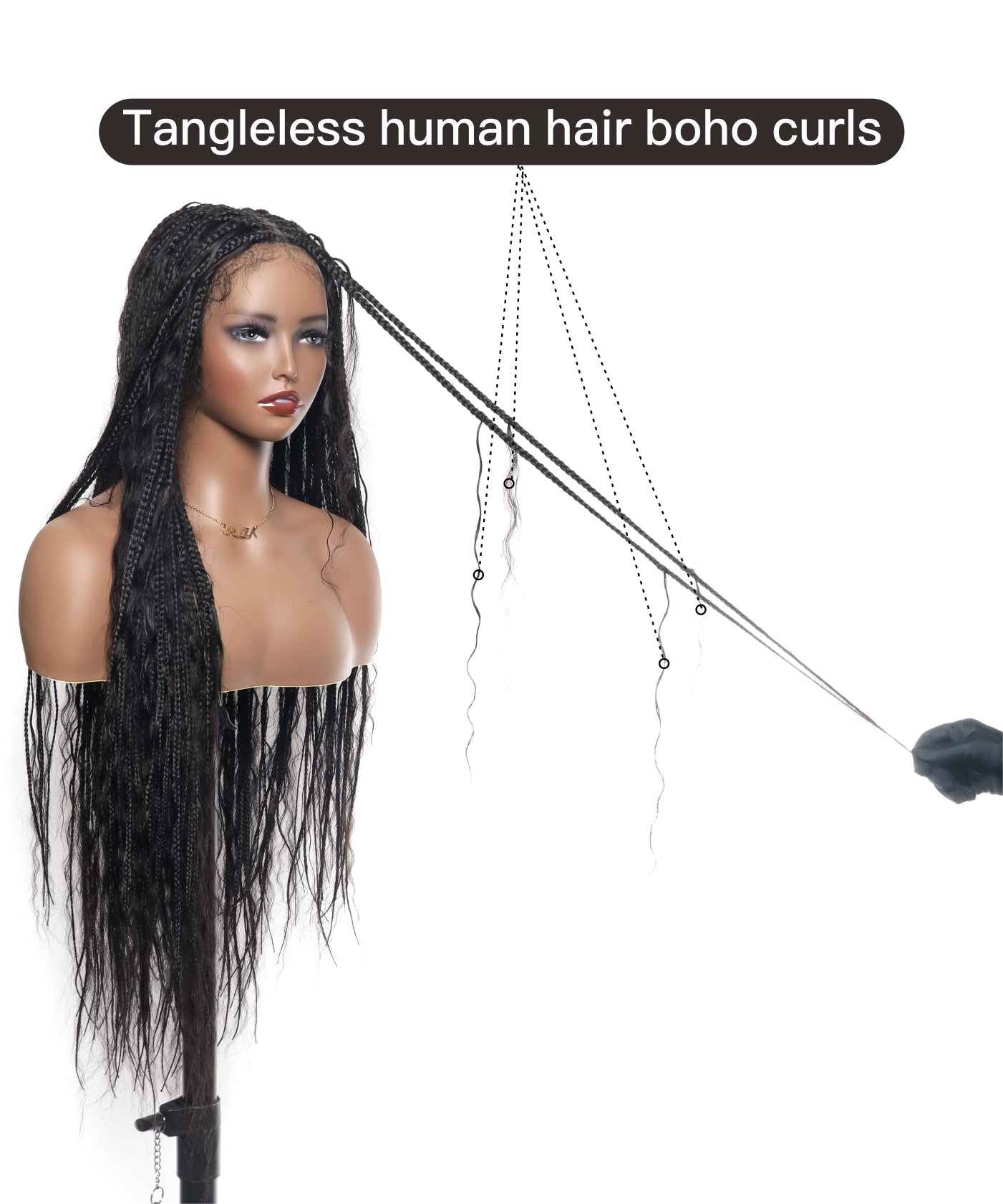 Perruque tressée boîte bohème sans nœuds, cheveux humains ondulés humides, boucles bohèmes, dentelle HD, sans enchevêtrement, très haute densité, 36"