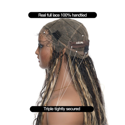 Perruque tressée boîte bohème sans nœuds, cheveux humains pré-décolorés, dentelle HD, couleur miel blond et noir piano, 36", effet mouillé et ondulé, super style