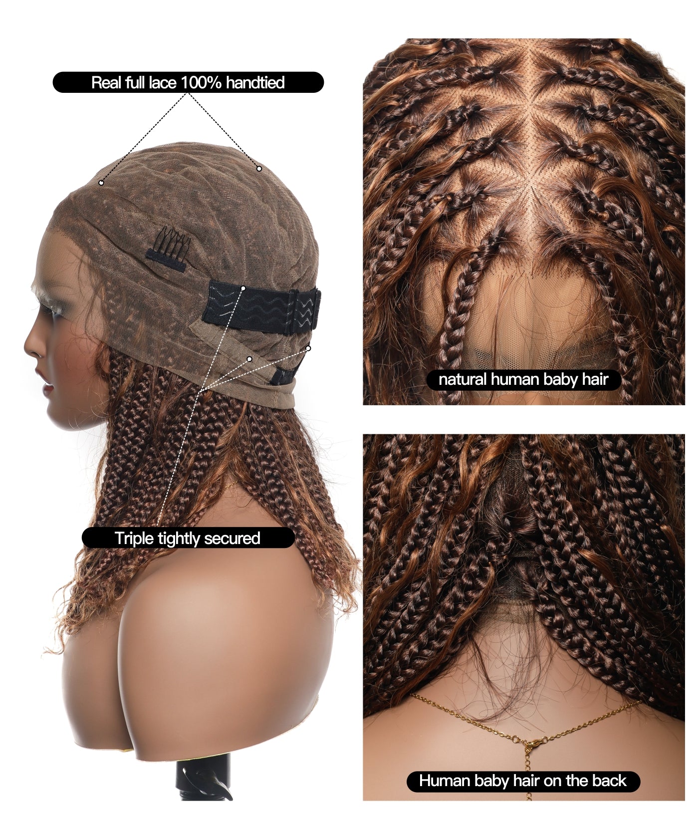 Perruque tressée sans nœuds 102 mèches, base triangulaire haute densité, boucles bohèmes, cheveux humains 14"
