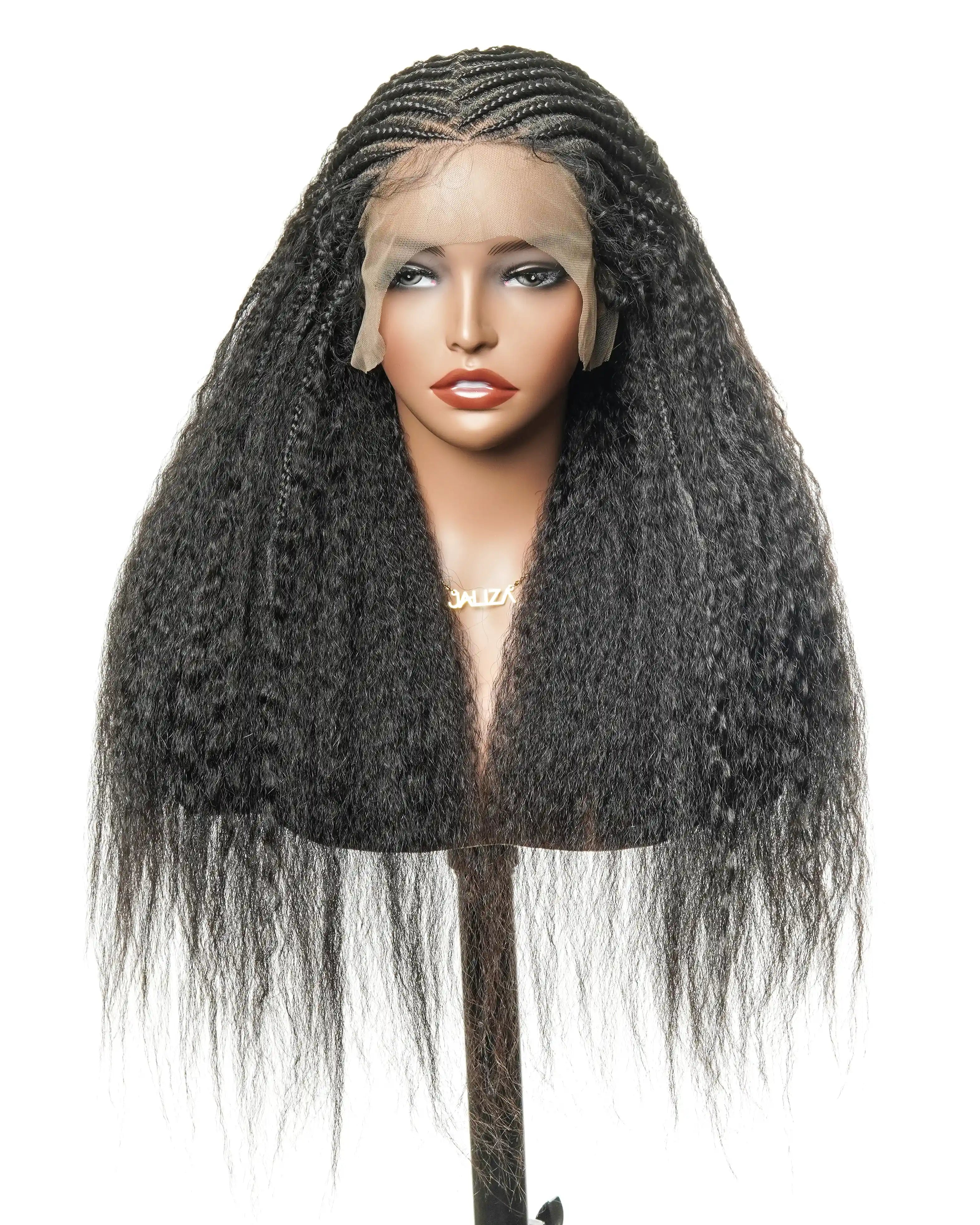 Perruque de 26" avec Couronne Semi-Tressée (Cornrows) Multiple et Cheveux Humains Crépus Extra Volumineux