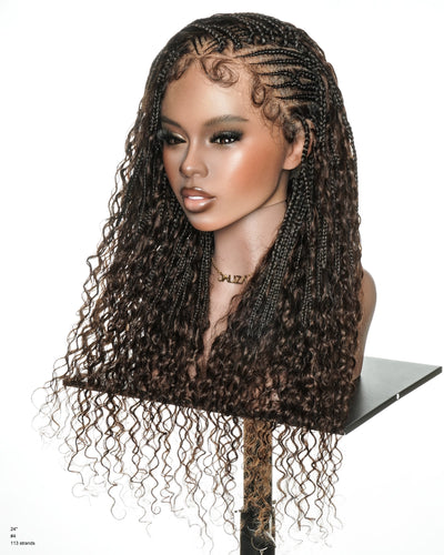Perruque tressée sans colle en dentelle intégrale Avery 24" avec boucles Boho Fulani Water Wave