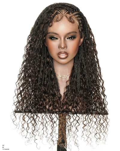 Perruque tressée sans colle en dentelle intégrale Avery 24" avec boucles Boho Fulani Water Wave