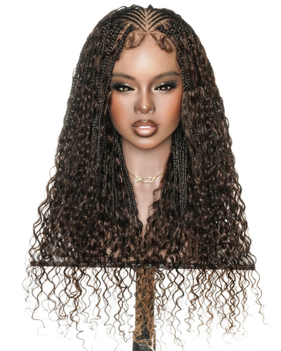 Perruque tressée sans colle en dentelle intégrale Avery 24" avec boucles Boho Fulani Water Wave