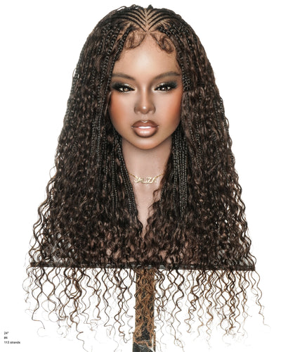 Perruque tressée sans colle en dentelle intégrale Avery 24" avec boucles Boho Fulani Water Wave