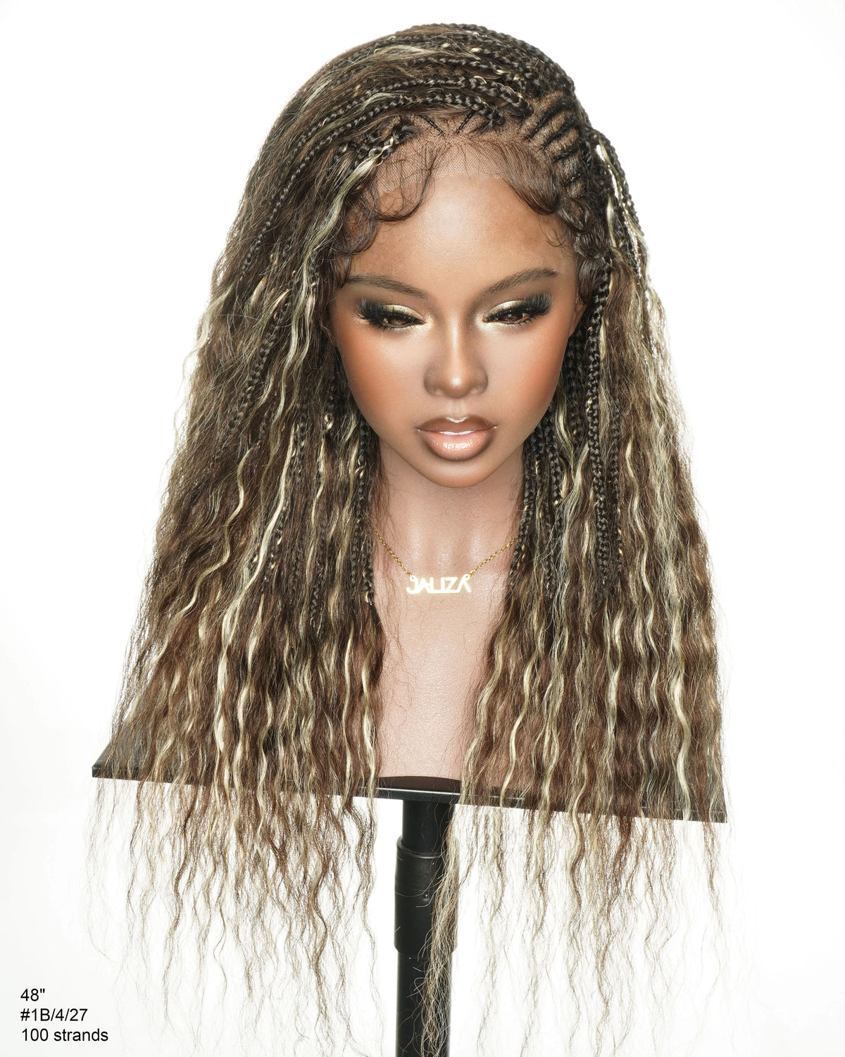 JALIZA 30 inch Blend Blond 1B-4&27 Fulani Cornrow Boho Box Braids Full Lace Pre-Bleached HD Lace Braided Wig Middle Part (Mannequin - Front View)