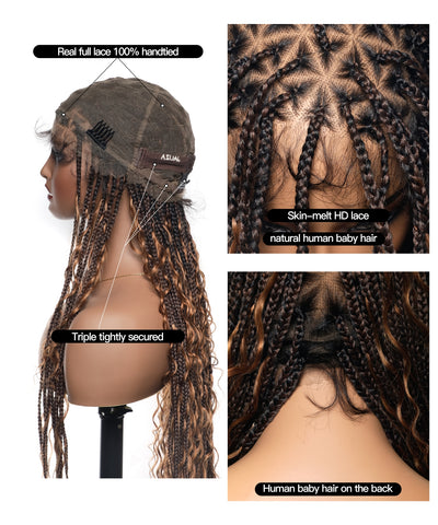 Perruque tressée carrée bohème sans nœuds, cheveux humains, base triangulaire, boucles bohèmes 36" HD, densité totale, 99 mèches