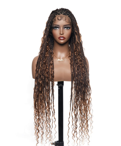 Perruque tressée carrée bohème sans nœuds, cheveux humains, base triangulaire, boucles bohèmes 36" HD, densité totale, 99 mèches