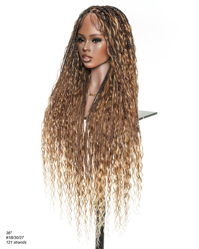 Perruque tressée boîte bohème avec boucles en cheveux humains pré-décolorés, 36 pouces, couleur mélangée 1B 30 27, 121 mèches