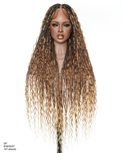Perruque tressée boîte bohème avec boucles en cheveux humains pré-décolorés, 36 pouces, couleur mélangée 1B 30 27, 121 mèches