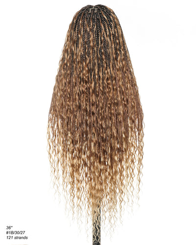 Perruque tressée boîte bohème avec boucles en cheveux humains pré-décolorés, 36 pouces, couleur mélangée 1B 30 27, 121 mèches