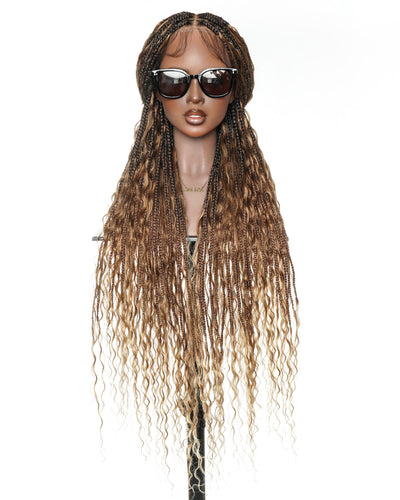 Perruque tressée boîte bohème avec boucles en cheveux humains pré-décolorés, 36 pouces, couleur mélangée 1B 30 27, 121 mèches