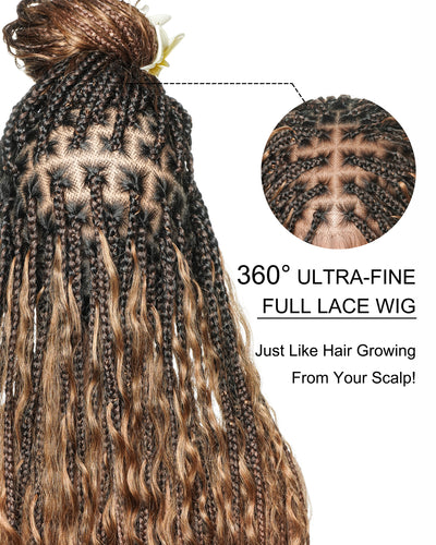 Perruque tressée boîte bohème avec boucles en cheveux humains pré-décolorés, 36 pouces, couleur mélangée 1B 30 27, 121 mèches