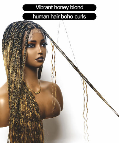 Perruque tressée sans nœuds Boho Curls, cheveux humains sans emmêlement, 32", dentelle HD, 100 mèches - Confort Plus / Dentelle extensible à raccord interne