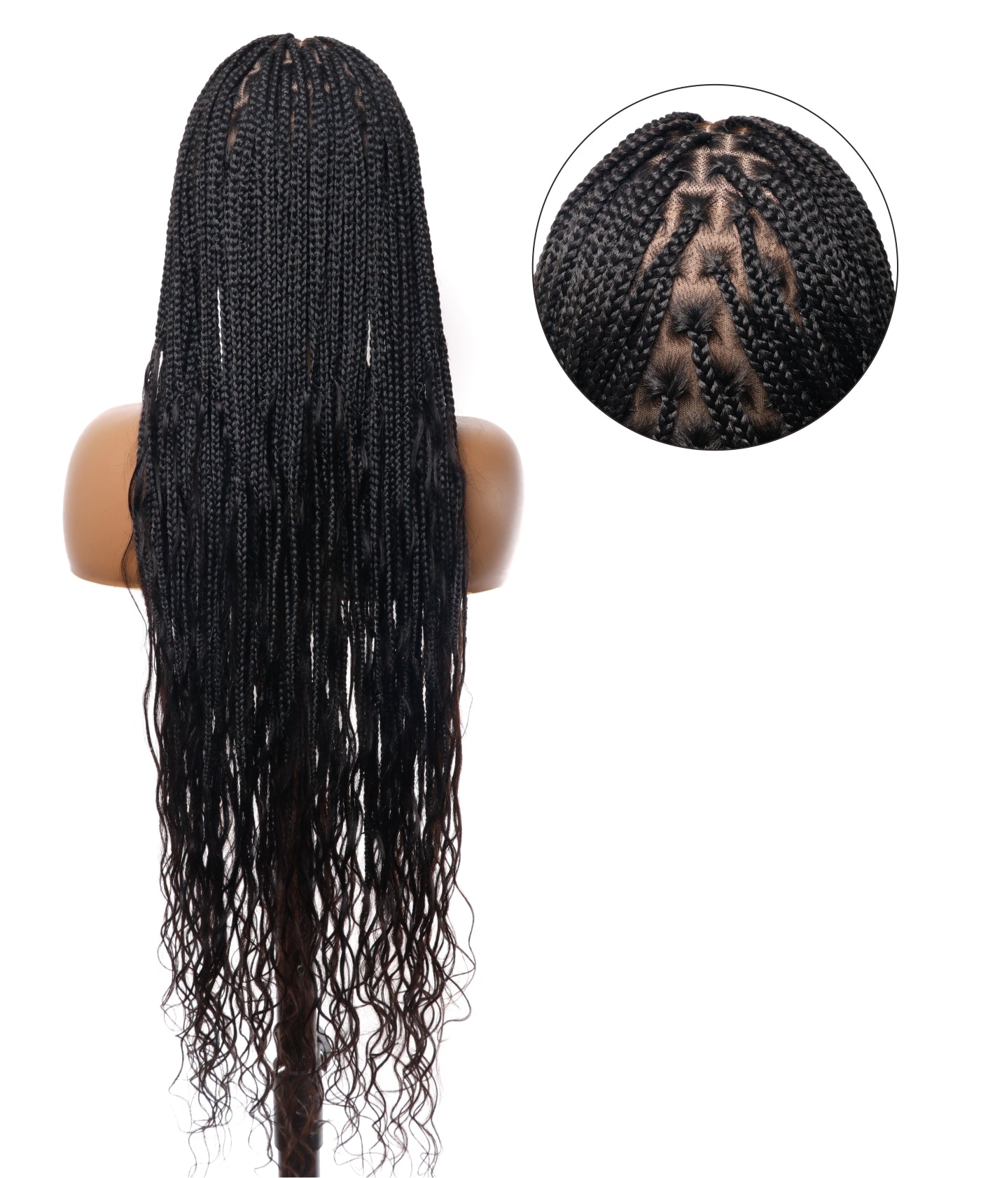 Perruque tressée sans enchevêtrement avec cheveux humains pré-décolorés, lace box braids, cornrows, et boucles bohèmes – 79 mèches
