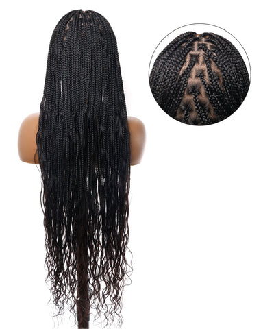 Perruque tressée sans enchevêtrement avec cheveux humains pré-décolorés, lace box braids, cornrows, et boucles bohèmes – 79 mèches