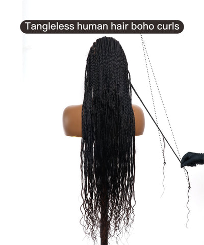 Perruque tressée sans enchevêtrement avec cheveux humains pré-décolorés, lace box braids, cornrows, et boucles bohèmes – 79 mèches