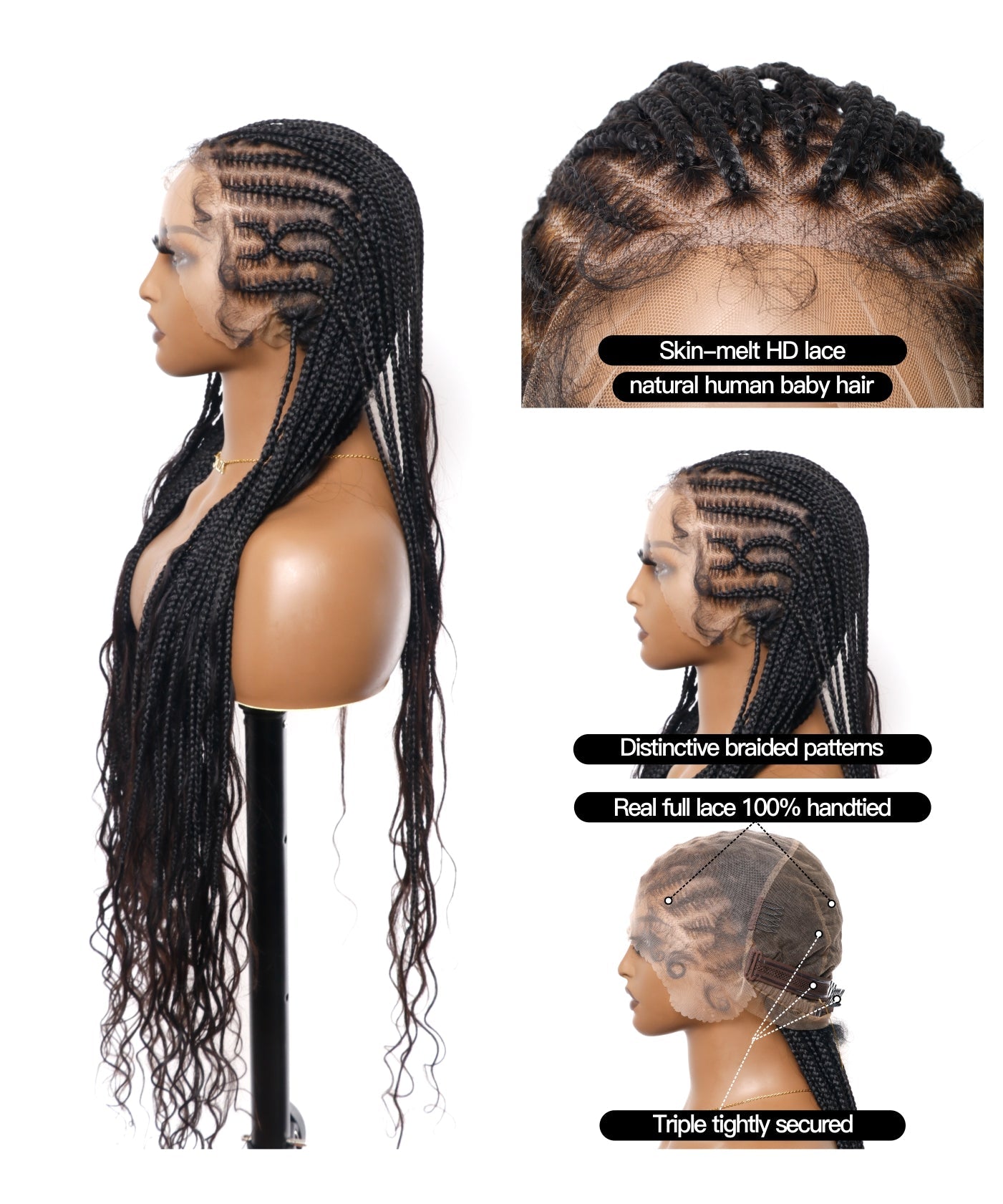 Perruque tressée sans enchevêtrement avec cheveux humains pré-décolorés, lace box braids, cornrows, et boucles bohèmes – 79 mèches
