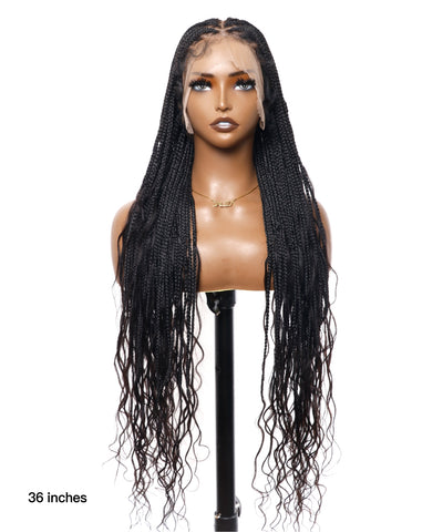Perruque tressée sans enchevêtrement avec cheveux humains pré-décolorés, lace box braids, cornrows, et boucles bohèmes – 79 mèches