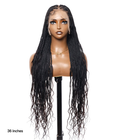 Perruque tressée sans enchevêtrement avec cheveux humains pré-décolorés, lace box braids, cornrows, et boucles bohèmes – 79 mèches