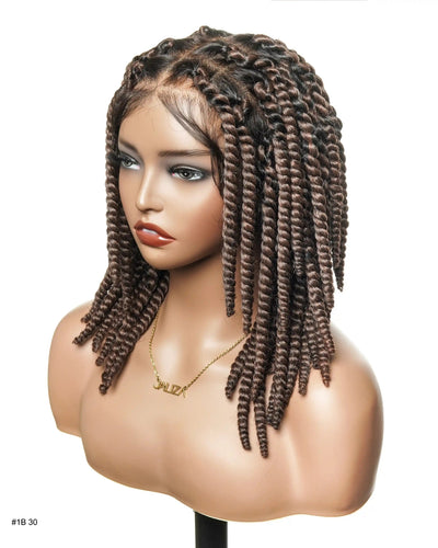 Perruque tressée de 14 pouces, jumbo twist souple pré-décoloré, base en dentelle, HD entièrement en dentelle, cheveux humains