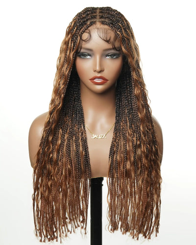 Perruque tressée de type "Boho Box Braided" avec 88 mèches nouées en dentelle, cheveux humains décolorés à l'avance de 24 pouces