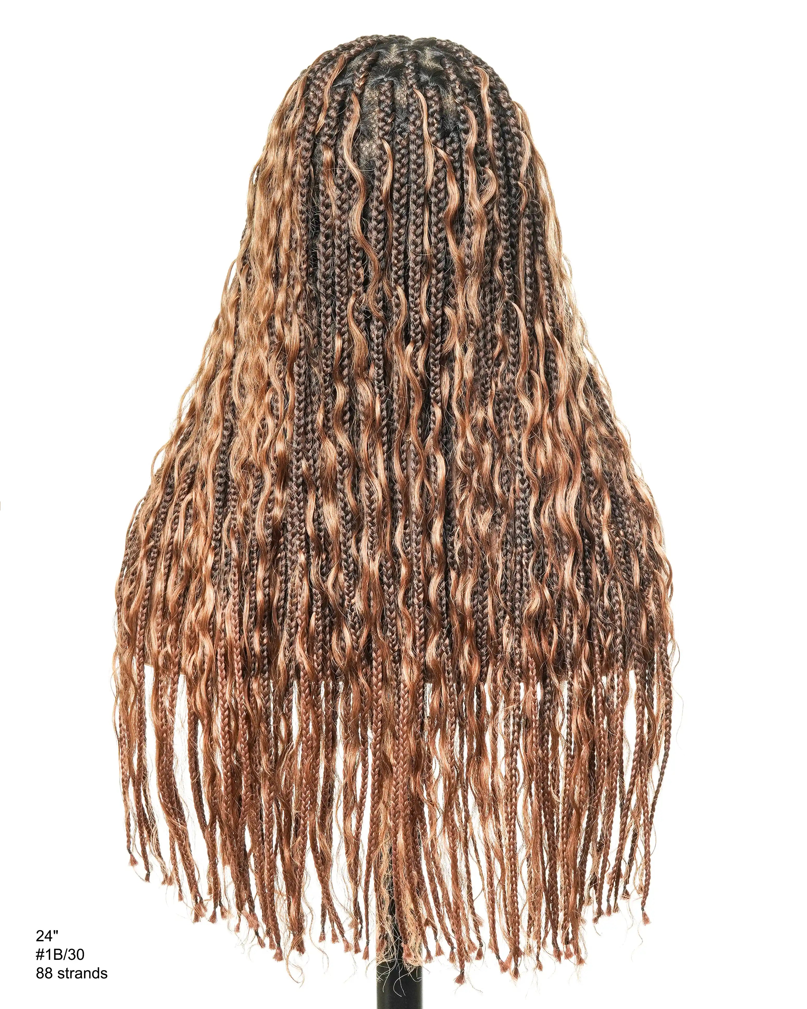Perruque tressée de type "Boho Box Braided" avec 88 mèches nouées en dentelle, cheveux humains décolorés à l'avance de 24 pouces