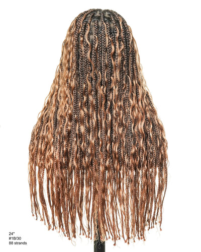 Perruque tressée de type "Boho Box Braided" avec 88 mèches nouées en dentelle, cheveux humains décolorés à l'avance de 24 pouces