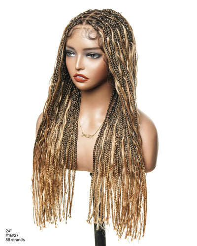 Perruque tressée de type "Boho Box Braided" avec 88 mèches nouées en dentelle, cheveux humains décolorés à l'avance de 24 pouces