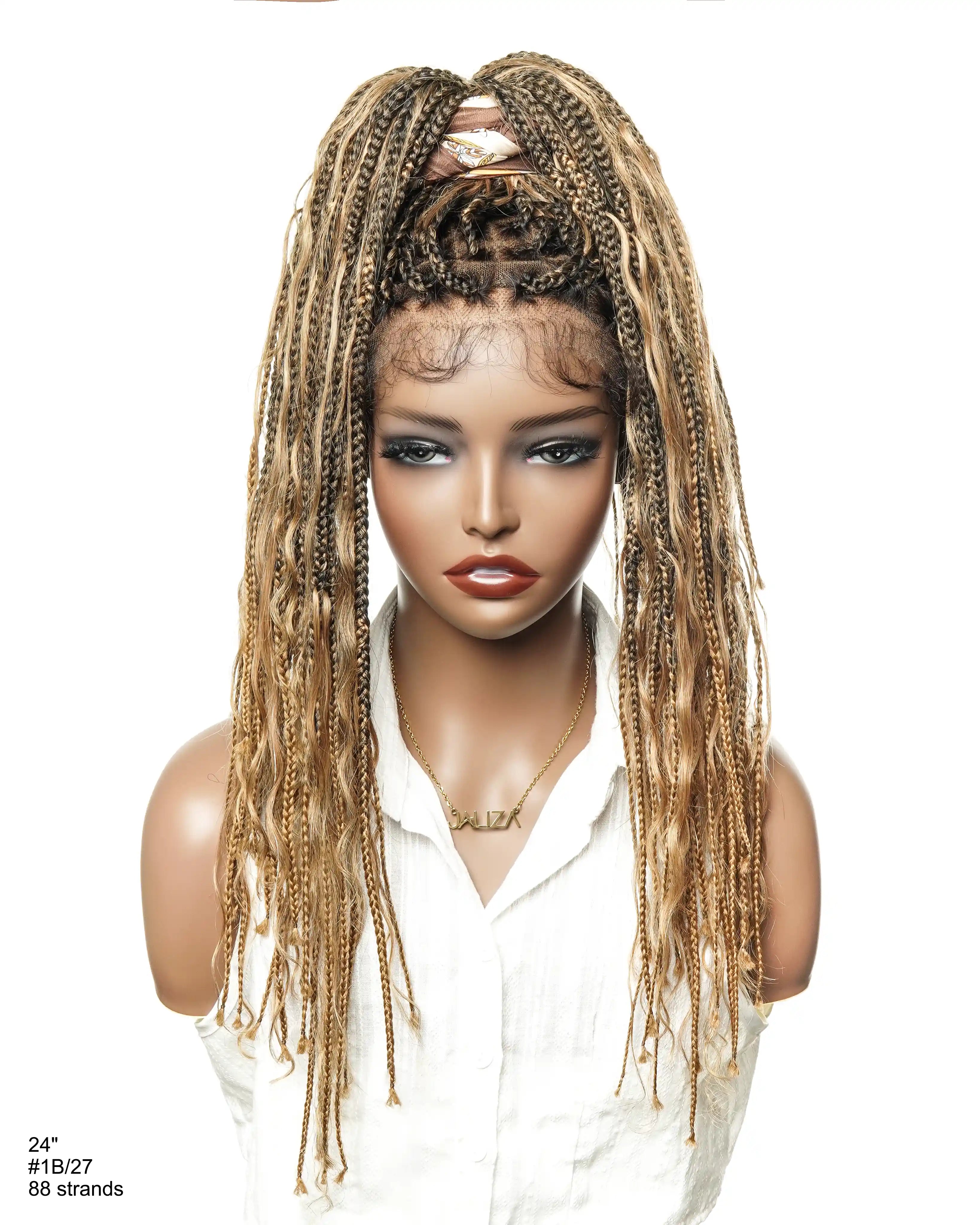 Perruque tressée de type "Boho Box Braided" avec 88 mèches nouées en dentelle, cheveux humains décolorés à l'avance de 24 pouces