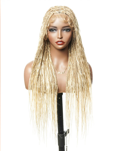 Perruque tressée de couleur 27/613 blond bouclée en forme de boîte boho