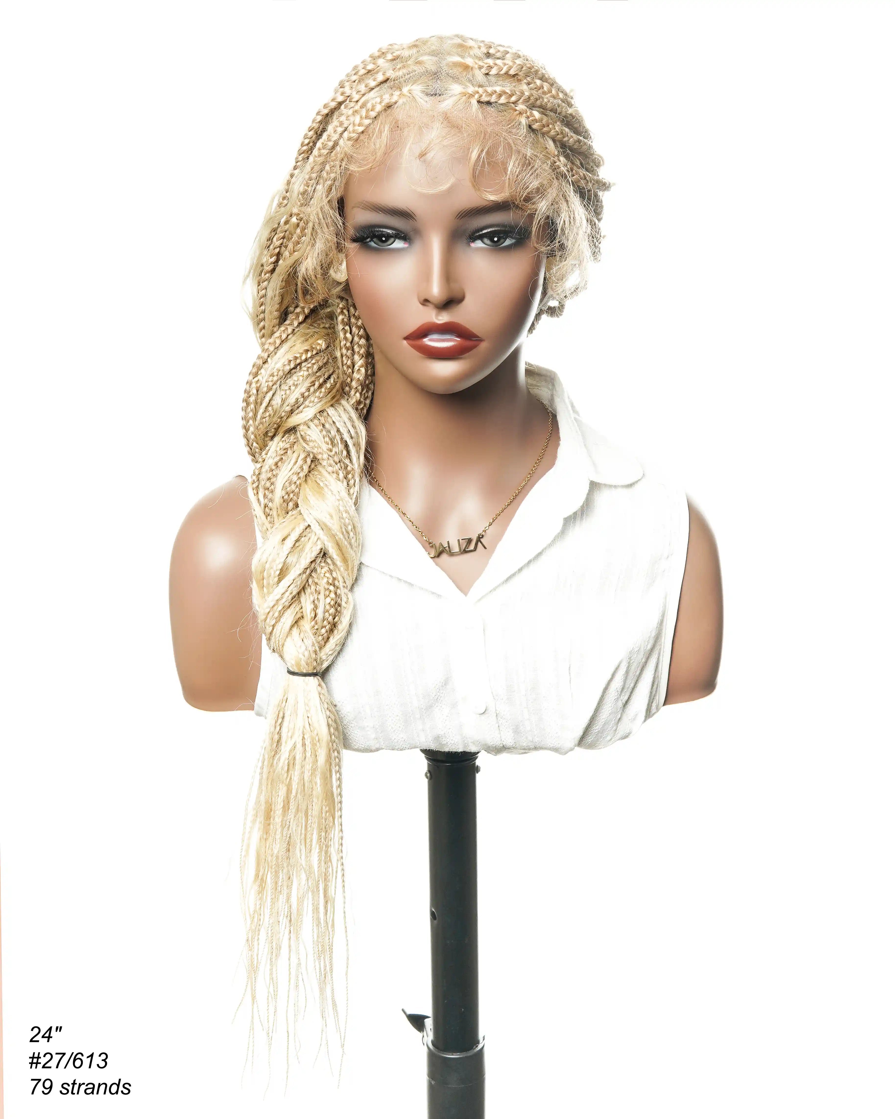 Perruque tressée de couleur 27/613 blond bouclée en forme de boîte boho