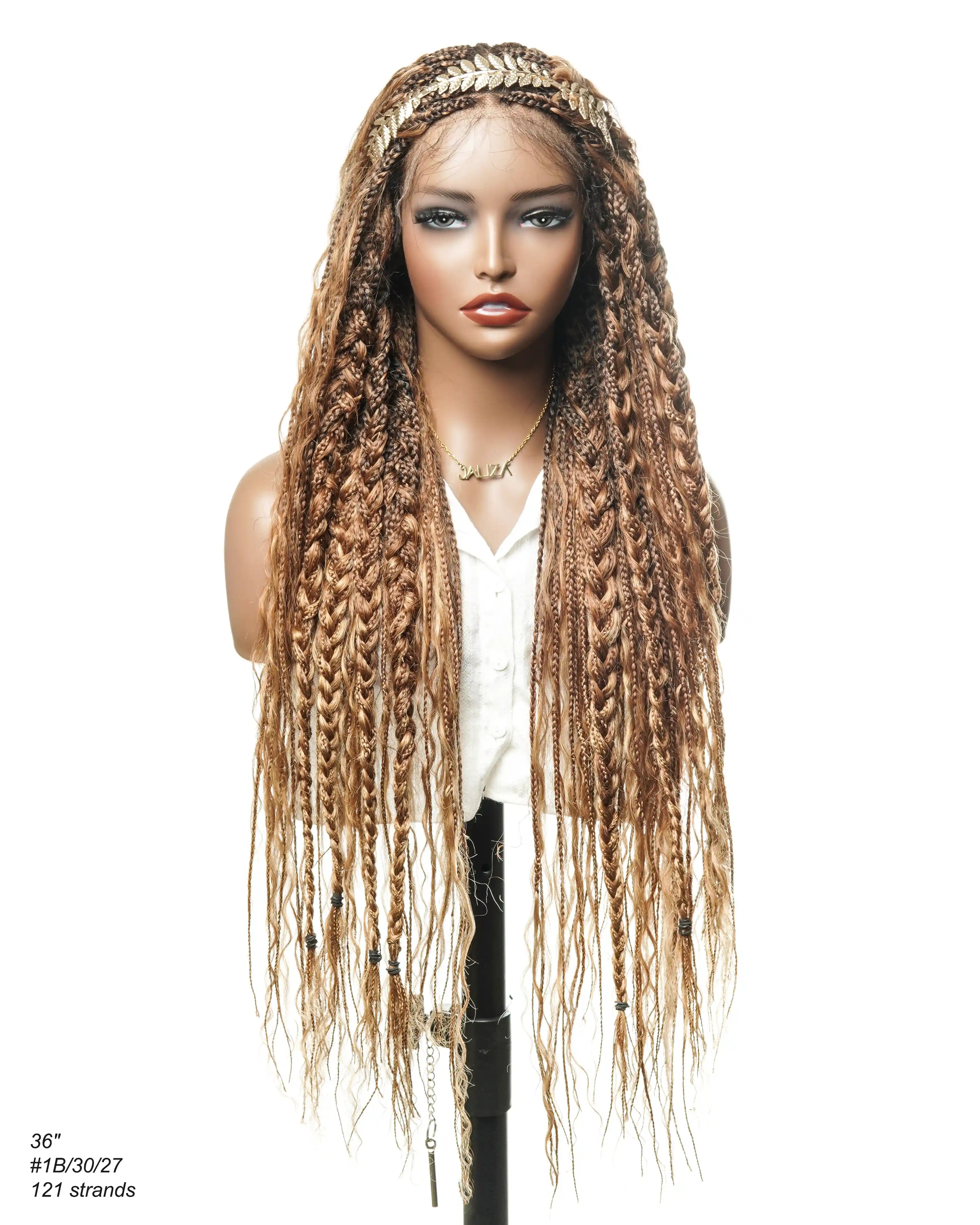 Perruque tressée de style Boho sans nœuds, haute densité, 121 mèches, couleur mélangée #30/27, dentelle HD pré-décolorée, 36 pouces