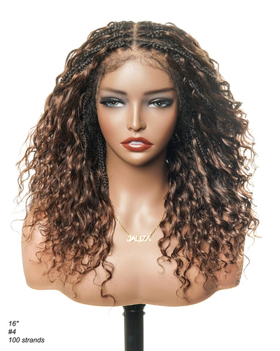 Kiki - Perruque tressée boîte bohème sans nœuds, sans colle, entièrement en dentelle, 100 % cheveux humains, 40 cm, avec bonnet à cordon de serrage