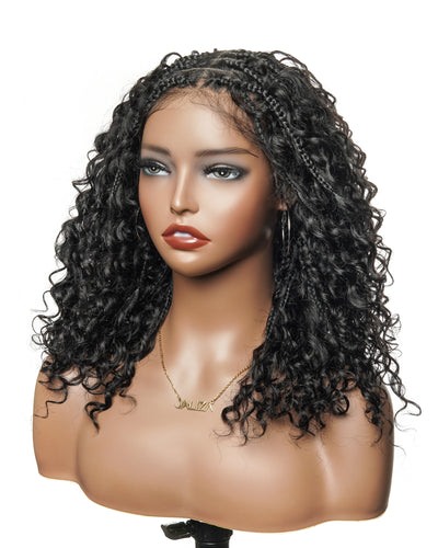 Kiki - Perruque tressée boîte bohème sans nœuds, sans colle, entièrement en dentelle, 100 % cheveux humains, 40 cm, avec bonnet à cordon de serrage