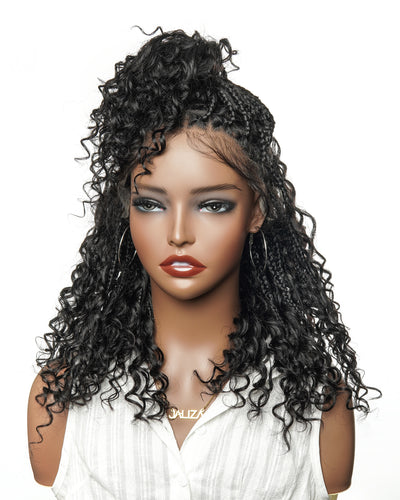 Kiki - Perruque tressée boîte bohème sans nœuds, sans colle, entièrement en dentelle, 100 % cheveux humains, 40 cm, avec bonnet à cordon de serrage